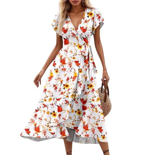 Ansenesna Sommerkleid Damen Lang Elegant Rüschen Wickelkleid Damen Sommer Blumen Sommerkleider Leicht Und Luftig Curvy Strandkleid Frauen V Ausschnitt Tailliert Kleider Geblümt Blumenkleid von Ansenesna