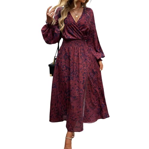 Ansenesna Sommerkleid Damen Lang Elegant mit Ärmel Maxikleider Damen Sommer Langarm V Ausschnitt Vintage Kleider Frauen Tailliert Blumen Sommerkleider Leicht Und Luftig Schick Kleid mit Schlitz von Ansenesna