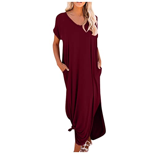 Ansenesna Sommerkleid Damen Lang Große Größen Kleider Damen Sommer mit Schlitz Kleid Für Mollige Frauen V Ausschnitt Sommerkleider Leicht Und Luftig Dicke Locker Damenkleider mit Taschen von Ansenesna
