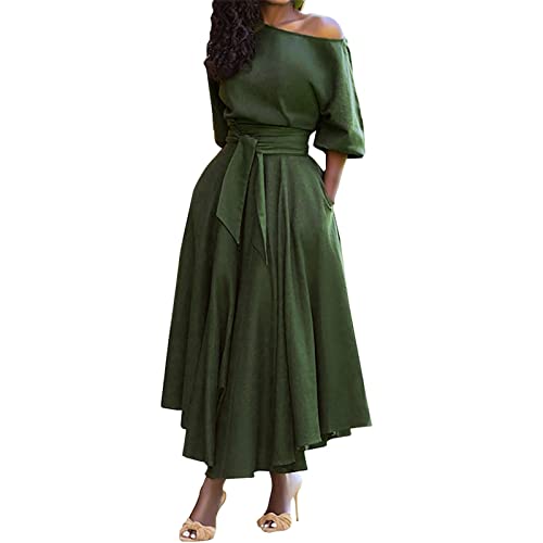 Ansenesna Sommerkleid Damen Lang Slope Schulter Kleider Damen Sommer Leicht A Linie Leichte Sommerkleider mit Gürtel Frauen Elegant Luftige Maxikleider Kurzarm Kleid Einfarbig Damenkleider Luftig von Ansenesna