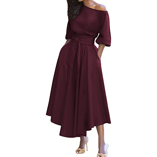 Ansenesna Sommerkleid Damen Lang Slope Schulter Kleider Damen Sommer Leicht A Linie Leichte Sommerkleider mit Gürtel Frauen Elegant Luftige Maxikleider Kurzarm Kleid Einfarbig Damenkleider Luftig von Ansenesna