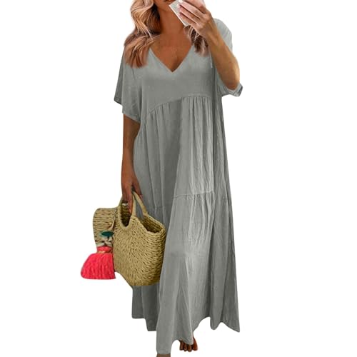 Ansenesna Sommerkleid Damen Lang mit Ärmeln Maxikleider Damen Sommer Elegant Musselin Kleid Maxi Rüschen Sommerkleider Leicht Und Luftig Kleider Frauen V Ausschnitt Damenkleider Rüschenkleid von Ansenesna