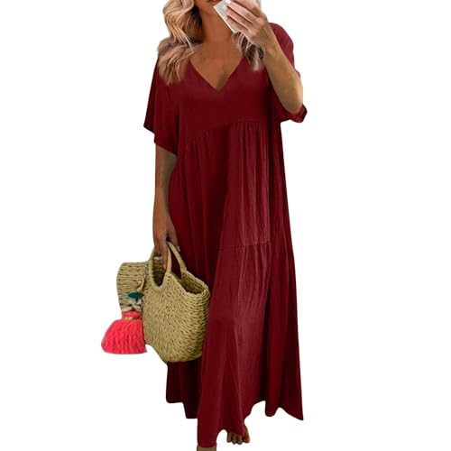 Ansenesna Sommerkleid Damen Lang mit Ärmeln Maxikleider Damen Sommer Elegant Musselin Kleid Maxi Rüschen Sommerkleider Leicht Und Luftig Kleider Frauen V Ausschnitt Damenkleider Strandkleid von Ansenesna