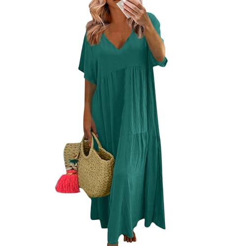 Ansenesna Sommerkleid Damen Lang mit Ärmeln Maxikleider Damen Sommer Elegant Musselin Kleid Maxi Rüschen Sommerkleider Leicht Und Luftig Kleider Frauen V Ausschnitt Damenkleider Strandkleid von Ansenesna