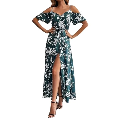 Ansenesna Sommerkleid Damen Lang mit Schlitz Elegant Maxikleider Damen Sommer V Ausschnitt Blumen Kleider Frauen Tailliert mit Gürtel Sommerkleider Leicht Luftig Kleid Cold Shoulder Blumenkleid von Ansenesna