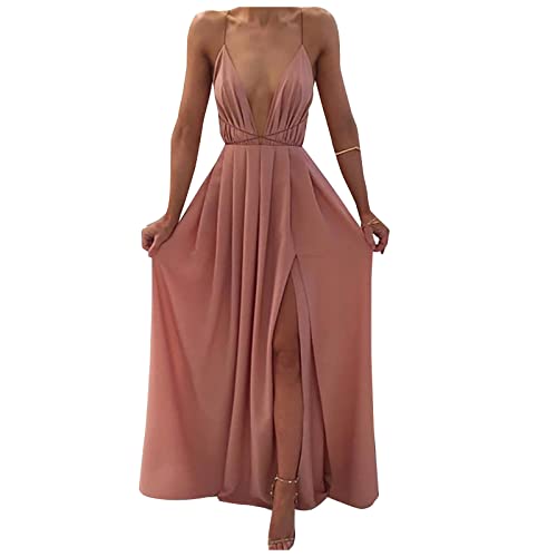 Ansenesna Sommerkleid Damen Lang mit Schlitz Elegant V Ausschnitt Kleid Frauen Sommer Rückenfrei Tiefer Ausschnitt Maxikleid Leichte Sommerkleider von Ansenesna