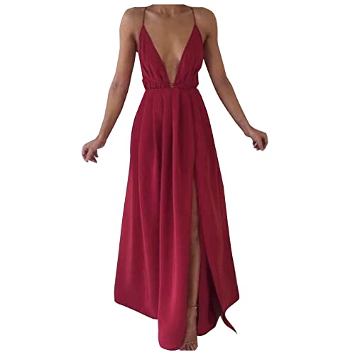 Ansenesna Sommerkleid Damen Lang mit Schlitz Elegant V Ausschnitt Kleid Frauen Sommer Rückenfrei Tiefer Ausschnitt Maxikleid Leichte Sommerkleider von Ansenesna