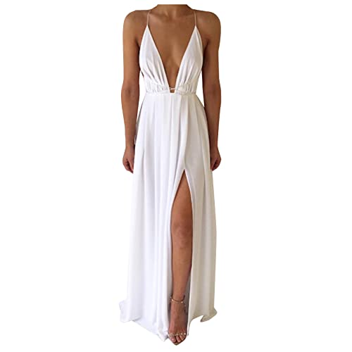 Ansenesna Sommerkleid Damen Lang mit Schlitz Elegant V Ausschnitt Kleid Frauen Sommer Rückenfrei Tiefer Ausschnitt Maxikleid Leichte Sommerkleider von Ansenesna