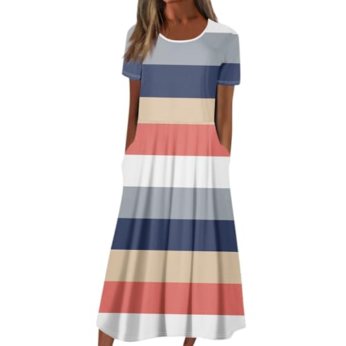Ansenesna Sommerkleid Damen Leicht Damen Kleider Sommer Elegant Wadenlang Luftige Sommerkleider mit Taschen Leichte Midikleid Frauen Luftig Kurzarm Weite Strandkleid Plissee Elegante Damenkleider von Ansenesna