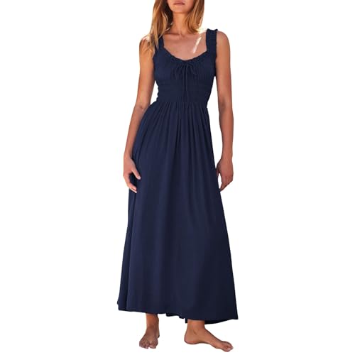 Ansenesna Sommerkleid Damen Leicht Lang Maxikleid Damen Sommer Elegant Gesmoktes Kleid Ärmellos Luftige Sommerkleider Damen Leicht und Luftig Damenkleider Frauen Tailliert Strandkleid von Ansenesna