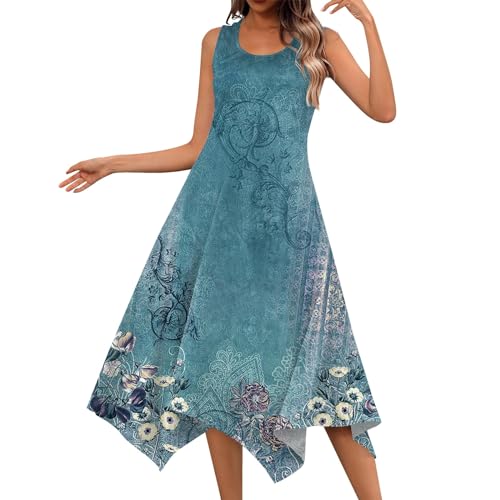 Ansenesna Sommerkleid Damen Midi Elegant Blumen Kleider Damen Sommer Asymmetrisch Luftige Sommerkleider Leicht und Luftig Strandkleid Frauen A Linie Vintage Midikleid Ärmellos Kleid von Ansenesna