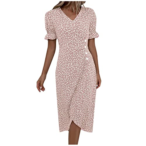 Ansenesna Sommerkleid Damen Midi Elegant Blumen Kleider Damen Sommer V Ausschnitt Geblümt Luftige Sommerkleider Frauen Leicht Puffärmel Wadenlang Leichte Kleid Asymmetrisch Midikleider von Ansenesna