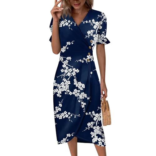 Ansenesna Sommerkleid Damen Midi Elegant Blumen Kleider Damen Sommer V Ausschnitt Geblümt Luftige Sommerkleider Frauen Leicht Puffärmel Wadenlang Leichte Kleid Asymmetrisch Midikleider von Ansenesna