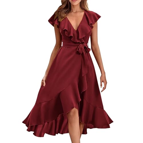 Ansenesna Sommerkleid Damen Midi Elegant Kleid Vorne Kurz Hinten Lang Elegante Kleider Sommer V Ausschnitt Sommerkleider Damen Leicht Und Luftig Midikleid Frauen Rüschen Strandkleid mit Gürtel von Ansenesna
