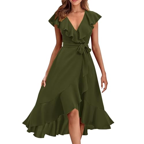 Ansenesna Sommerkleid Damen Midi Elegant Kleid Vorne Kurz Hinten Lang Elegante Kleider Sommer V Ausschnitt Sommerkleider Damen Leicht Und Luftig Midikleid Frauen Rüschen Strandkleid mit Gürtel von Ansenesna
