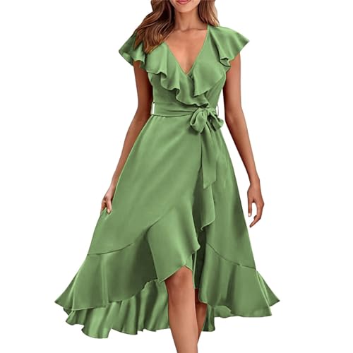 Ansenesna Sommerkleid Damen Midi Elegant Kleid Vorne Kurz Hinten Lang Elegante Kleider Sommer V Ausschnitt Sommerkleider Damen Leicht Und Luftig Midikleid Frauen Rüschen Strandkleid mit Gürtel von Ansenesna