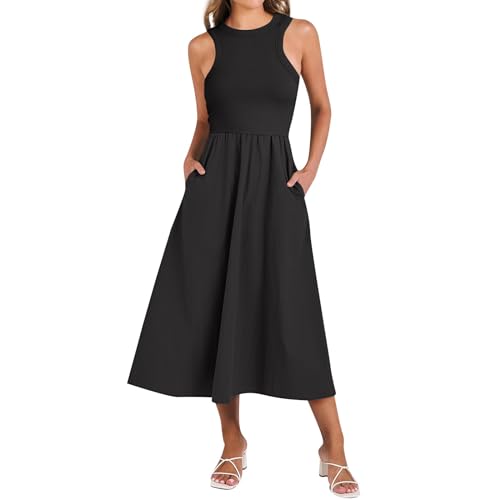 Ansenesna Sommerkleid Damen Midi Elegant Kleider Damen Sommer Ärmellos Sommerkleider Damen Leicht Und Luftig Midikleid Frauen A Linie Damenkleider Schwingen Skaterkleid Einfarbig von Ansenesna