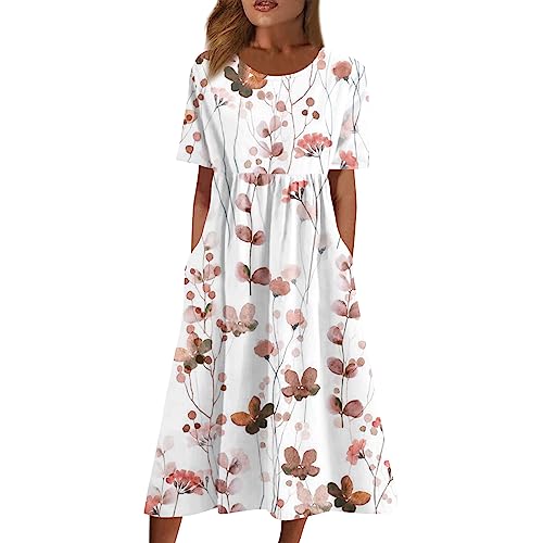 Ansenesna Sommerkleid Damen Midi Elegant Kleider Damen Sommer Blumen Luftige Sommerkleider Leicht und Luftig Strandkleid Frauen A Linie Plissee Midikleid mit Taschen Kurzarm Weite Kleid von Ansenesna