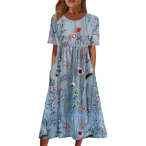 Ansenesna Sommerkleid Damen Midi Elegant Kleider Damen Sommer Blumen Luftige Sommerkleider Leicht und Luftig Strandkleid Frauen A Linie Plissee Midikleid mit Taschen Kurzarm Weite Kleid von Ansenesna