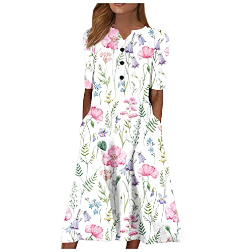 Ansenesna Sommerkleid Damen Midi Elegant Kleider Damen Sommer Blumen Strandkleid Frauen V Ausschnitt Kurzarm Luftige Sommerkleider Leicht und Luftig Midikleid mit Knopfleiste Kleid mit Taschen von Ansenesna