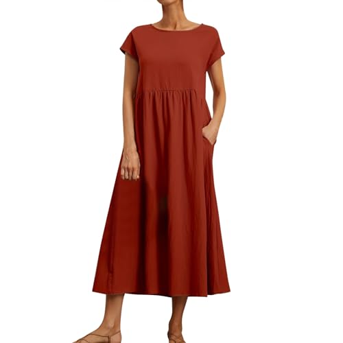 Ansenesna Sommerkleid Damen Midi Elegant Kleider Damen Sommer Locker Midikleid Frauen Kurzarm Luftige Sommerkleider Leicht und Luftig Kleid Tailliert Weite Strandkleid mit Taschen von Ansenesna