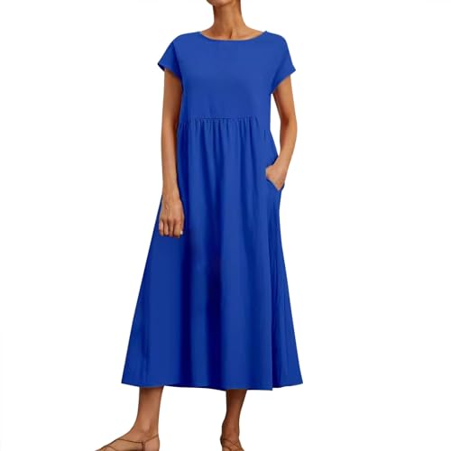 Ansenesna Sommerkleid Damen Midi Elegant Kleider Damen Sommer Locker Midikleid Frauen Kurzarm Luftige Sommerkleider Leicht und Luftig Kleid Tailliert Weite Strandkleid mit Taschen von Ansenesna