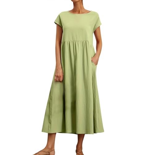 Ansenesna Sommerkleid Damen Midi Elegant Kleider Damen Sommer Locker Midikleid Frauen Kurzarm Luftige Sommerkleider Leicht und Luftig Kleid Tailliert Weite Strandkleid mit Taschen von Ansenesna