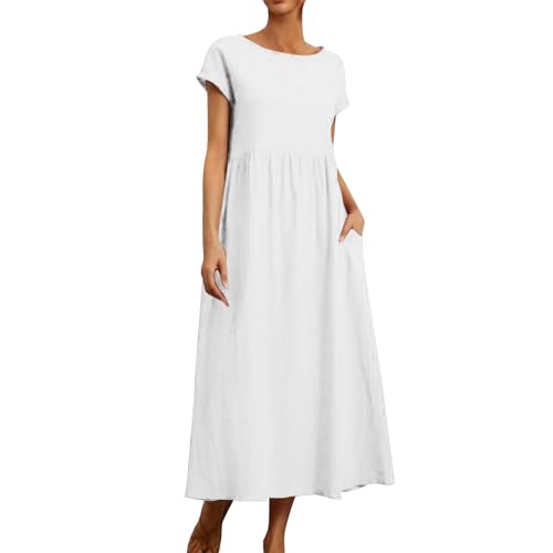 Ansenesna Sommerkleid Damen Midi Elegant Kleider Damen Sommer Locker Midikleid Frauen Kurzarm Luftige Sommerkleider Leicht und Luftig Kleid Tailliert Weite Strandkleid mit Taschen von Ansenesna