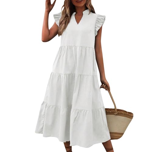 Ansenesna Sommerkleid Damen Midi Elegant Volant Kleider Damen Sommer Rüschen Ärmel Sommerkleider Damen Leicht und Luftig Damenkleider Frauen V Ausschnitt Volantkleider Schwingen Strandkleid von Ansenesna