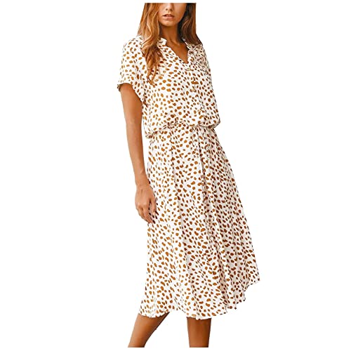 Ansenesna Sommerkleid Damen Midi Leicht Elegant Kleider Damen Sommer Wadenlang Luftige Sommerkleider mit Knopfleiste Strandkleid Frauen Kurzarm Tailliert Midikleid V Ausschnitt Hemdkleid von Ansenesna