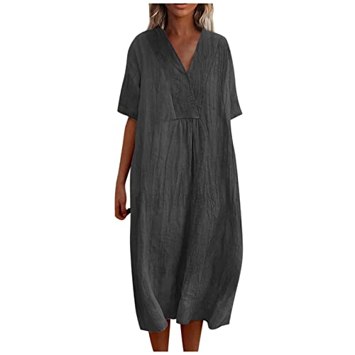 Ansenesna Sommerkleid Damen Midi mit Ärmel Musselin Kleid Damen Sommer Elegant Sommerkleider Leicht Und Luftig Kleider Frauen V Ausschnitt Damenkleider Kurzarm Einfarbig Locker Midikleid von Ansenesna