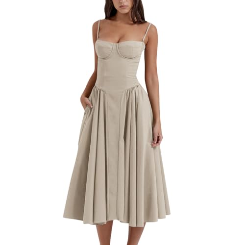 Ansenesna Sommerkleid Damen Spaghettiträger Elegant Bustier Kleider Damen Sommer Wadenlang Luftige Sommerkleider Oben Eng Unten Locker Strandkleid Frauen Plissee Trägerkleid Vintage Cami Kleid von Ansenesna