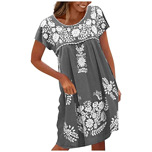Ansenesna Sommerkleid Damen Vintage Boho Blumen Leichte Sommerkleider Damen Elegant Kurz A Linie Tunika Kleider Frauen Sommer Kurzarm Kleid Luftige Damenkleider von Ansenesna