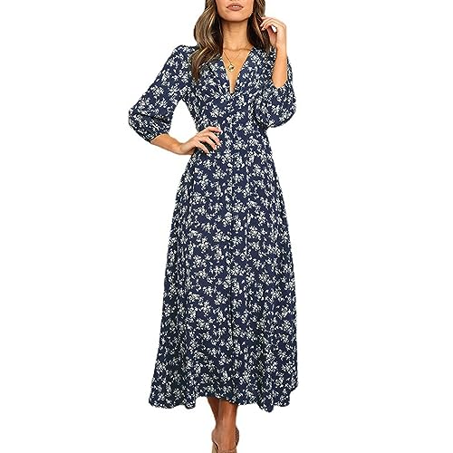 Ansenesna Sommerkleid Damen Vintage Geblümt Leichte Sommerkleider Damen Elegant Lang Kleider Frauen Sommer V Ausschnitt Kleid 3/4 ärmel Luftige Damenkleider mit Knöpfen Blumen Maxikleider von Ansenesna