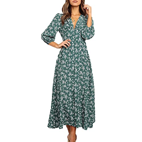 Ansenesna Sommerkleid Damen Vintage Geblümt Leichte Sommerkleider Damen Elegant Lang Kleider Frauen Sommer V Ausschnitt Kleid 3/4 ärmel Luftige Damenkleider mit Knöpfen Blumen Maxikleider von Ansenesna