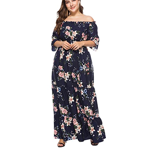 Ansenesna Sommerkleid Große Größen Damen Blumen Schulterfrei Kleid Für Mollige Sommer Elegant Kleider Dicke Frauen Off Shoulder Sommerkleider Maxi Trägerlos Strandkleid von Ansenesna