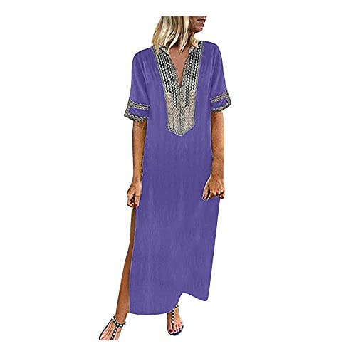 Ansenesna Sommerkleid Kaftan Damen Maxi Lang V Ausschnitt Elegant Kleid Frauen Kurzarm Ibiza Kleider Vintage Maxikleid(Violett,L) von Ansenesna