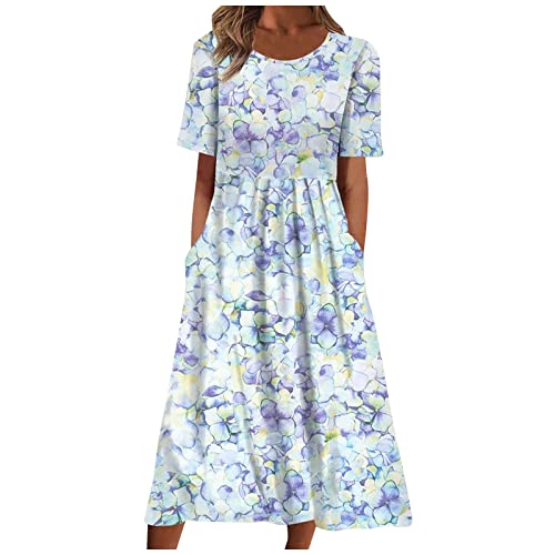 Ansenesna Sommerkleid Mit Ärmeln Damen Blumen Kleider Sommer Elegant Wadenlang Tunika Kleid Damen A Linie Luftige Sommerkleider Frauen Blumenmuster Leichte Damenkleider von Ansenesna