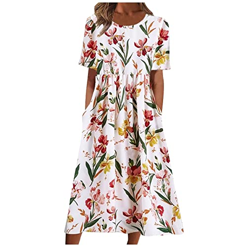 Ansenesna Sommerkleid Mit Ärmeln Damen Blumen Kleider Sommer Elegant Wadenlang Tunika Kleid Damen A Linie Luftige Sommerkleider Frauen Blumenmuster Leichte Damenkleider von Ansenesna