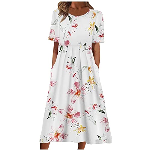 Ansenesna Sommerkleid Mit Ärmeln Damen Blumen Kleider Sommer Elegant Wadenlang Tunika Kleid Damen A Linie Luftige Sommerkleider Frauen Blumenmuster Leichte Damenkleider von Ansenesna