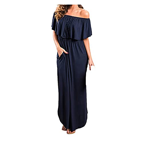 Ansenesna Sommerkleid Off Shoulder Damen Lang mit Schlitz Elegant Kleid Sommer Frauen Schulterfrei Volant Kleider Leichte Sommerkleider Maxikleid Einfarbig von Ansenesna