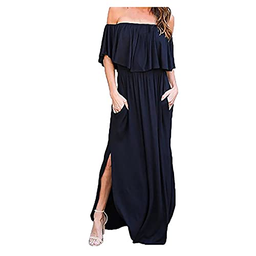 Ansenesna Sommerkleid Off Shoulder Damen Lang mit Schlitz Elegant Kleid Sommer Frauen Schulterfrei Volant Kleider Leichte Sommerkleider Maxikleid Einfarbig von Ansenesna