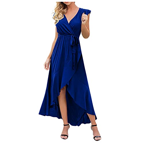 Ansenesna Sommerkleid Vorne Kurz Hinten Lang Damen Kleid mit Schlitz Sommer Kleider Maxi Frauen Elegant V Ausschnitt Sommerkleider Rüschen Gürtel Strandkleid Leicht von Ansenesna