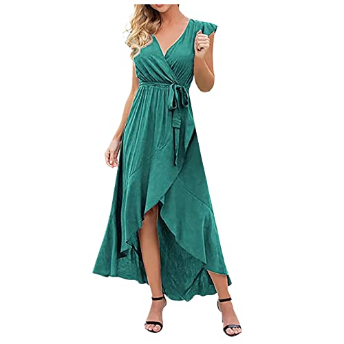 Ansenesna Sommerkleid Vorne Kurz Hinten Lang Damen Kleid mit Schlitz Sommer Kleider Maxi Frauen Elegant V Ausschnitt Sommerkleider Rüschen Gürtel Strandkleid Leicht von Ansenesna