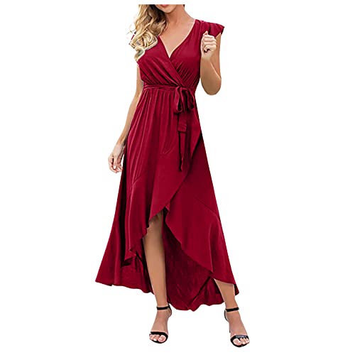 Ansenesna Sommerkleid Vorne Kurz Hinten Lang Damen Kleid mit Schlitz Sommer Kleider Maxi Frauen Elegant V Ausschnitt Sommerkleider Rüschen Gürtel Strandkleid Leicht von Ansenesna