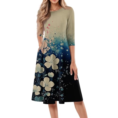 Ansenesna Sommerkleider Damen Leicht Und Luftig Damen Kleider Sommer Knielang Elegant Sommerkleid mit Taschen A Linie Kleid Frauen 3/4 Ärmel Midikleid Blumen Muster Damenkleider Blumenkleid von Ansenesna