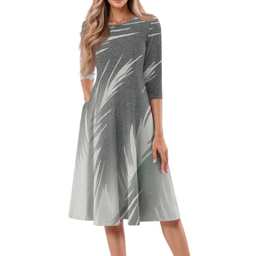 Ansenesna Sommerkleider Damen Leicht Und Luftig Damen Kleider Sommer Knielang Elegant Sommerkleid mit Taschen A Linie Kleid Frauen 3/4 Ärmel Midikleid Blumen Muster Damenkleider Blumenkleid von Ansenesna