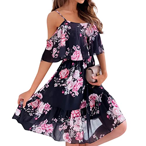 Ansenesna Sommerkleider Damen Leicht Und Luftig Damen Kleider Sommer Kurz Elegant Sommerkleid A Linie Rüschen Kleid Frauen Trägerkleid Träger Damenkleider Blumen Strandkleid Rüschenkleid von Ansenesna