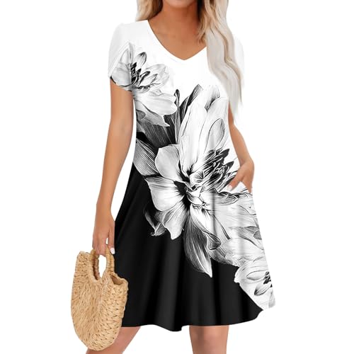 Ansenesna Sommerkleider Damen Leicht Und Luftig Damen Kleider Sommer Kurz Elegant Sommerkleid mit Taschen A Linie Tshirt Kleid Frauen V Ausschnitt Blumen Damenkleider Vintage Shirtkleid von Ansenesna