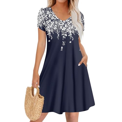 Ansenesna Sommerkleider Damen Leicht Und Luftig Damen Kleider Sommer Kurz Elegant Sommerkleid mit Taschen A Linie Tshirt Kleid Frauen V Ausschnitt Blumen Damenkleider Vintage Shirtkleid von Ansenesna
